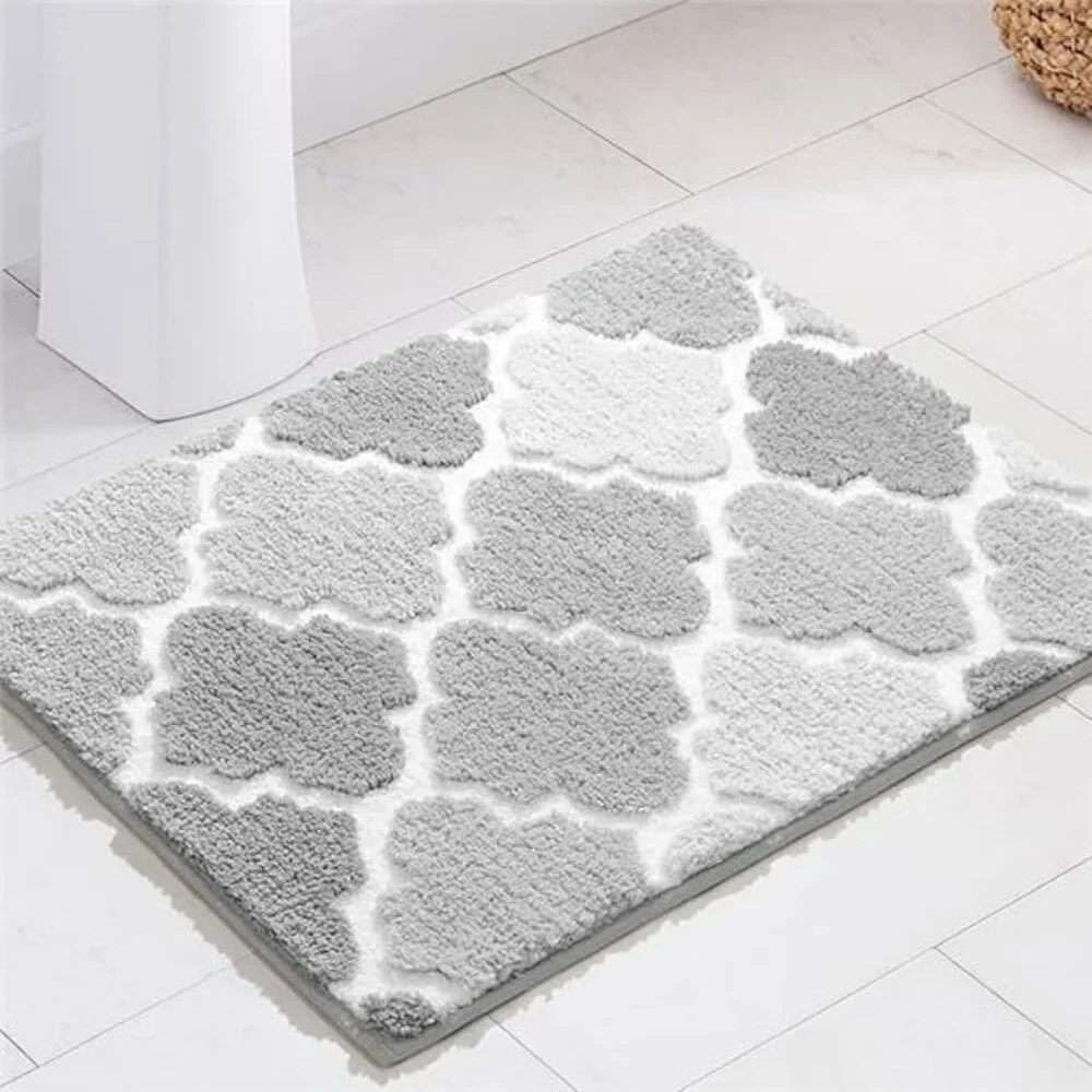 Gray Bathroom Rug Non Slip Checkered Bath Mat Plush Absorbent Shaggy Floor Carpe
